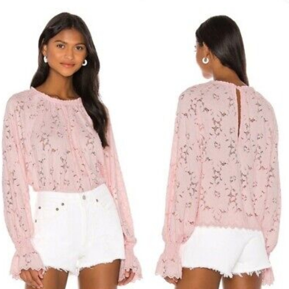 Free People Olivia Lace Top Pink Long Sleeve Size Medium